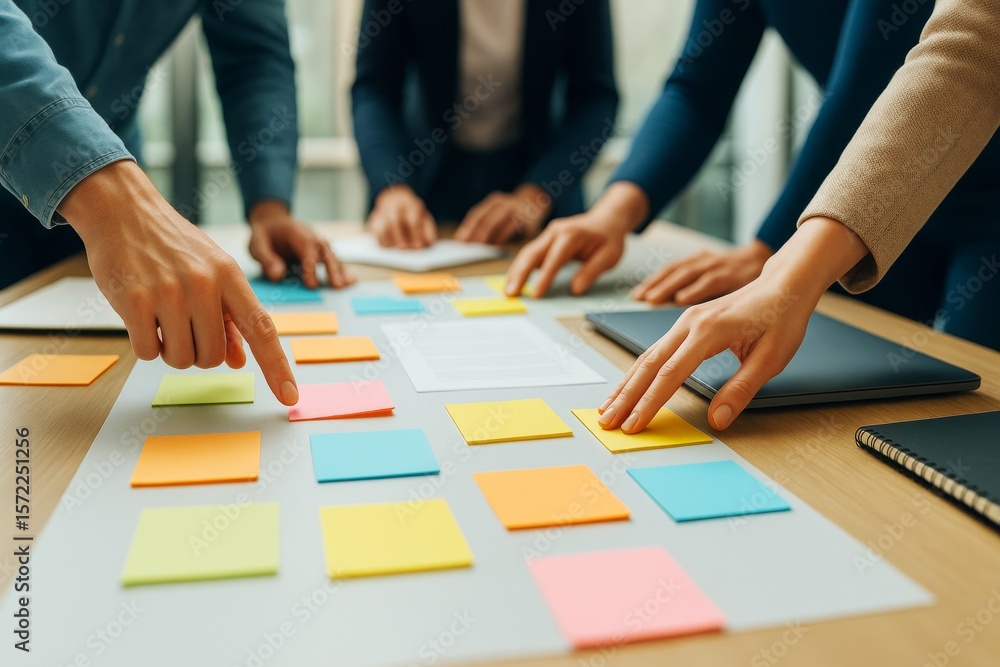 Aufkleber Teamwork brainstorming with sticky notes on office table during business planning session on light background with abstract collaboration concept.
