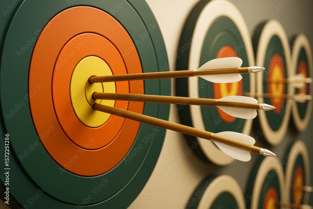 Poster close-up of arrows hitting bullseye on colorful target boards, symbolizing precision and business su