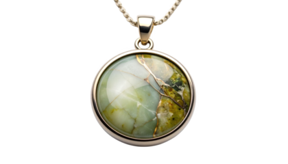 Round gemstone pendant on gold chain isolated on transparent background