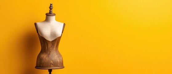 A vintage dress form with a wooden torso stands against a vibrant yellow background, evoking creativity and fashion design inspiration