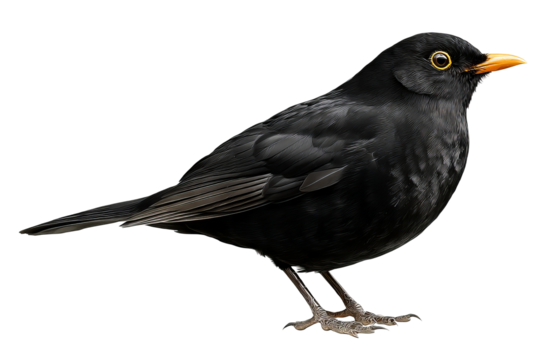 Solitary blackbird isolated on transparent background in high-resolution PNG style, ideal for seamless cutout and digital design projects