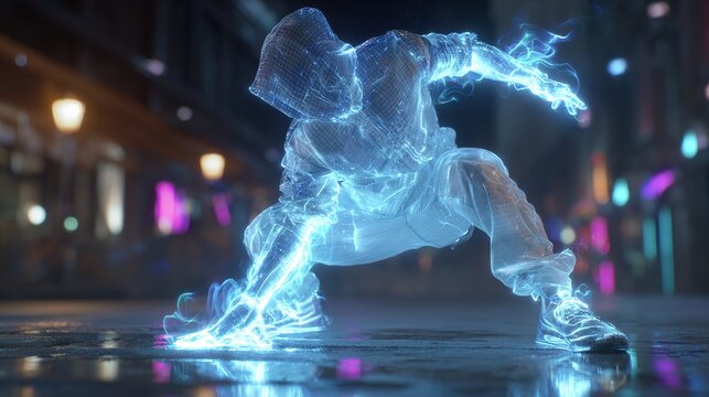 A hyper-realistic 3D holographic street performer creating light sculptures in neon alley, perfect for open-world game NPCs and cyberpunk environments