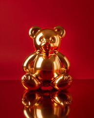Shiny golden teddy bear against a vibrant red background showcasing playful design and contemporary art style. Generative AI