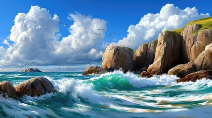 Rough ocean churns against jagged cliffs, with seabirds circling above in the salty breeze.