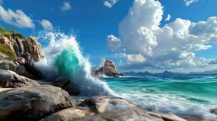 Dramatic waves against rocky cliffs, water jets reaching high into the air.