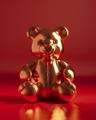 Shiny golden teddy bear against a vibrant red background showcasing playful design and contemporary art style. Generative AI