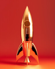 Golden rocket model emerging into a vibrant backdrop with glowing flames at the base during an artistic display. Generative AI