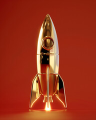 Golden rocket model emerging into a vibrant backdrop with glowing flames at the base during an artistic display. Generative AI