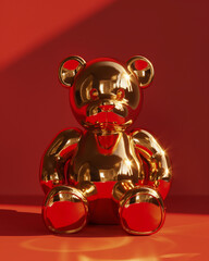 Shiny golden teddy bear against a vibrant red background showcasing playful design and contemporary art style. Generative AI