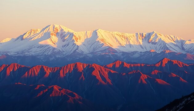 Majestic Meili Snow Mountain reflecting golden sunlight on Rizhao hills, clouds,  nature photography