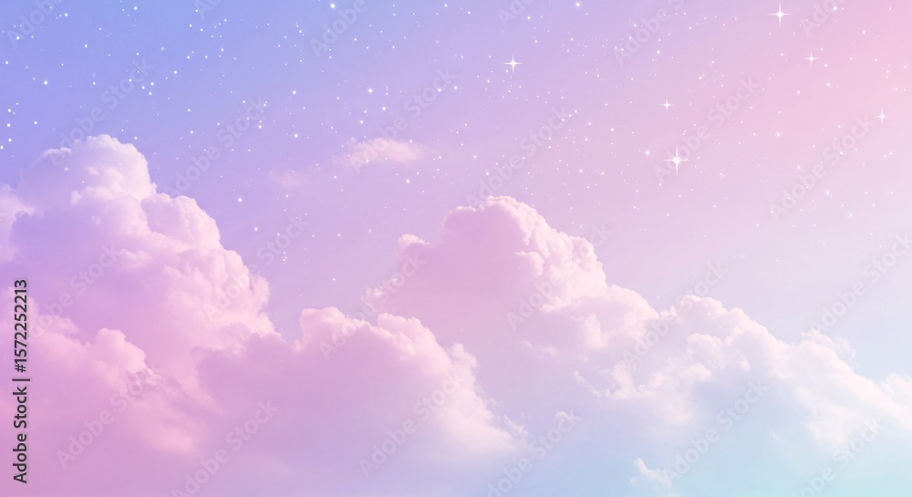Poster ethereal pastel sky with fluffy clouds and twinkling stars creating a dreamlike scene