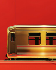 Shiny golden train against a vibrant red background illuminated for artistic effect. Generative AI