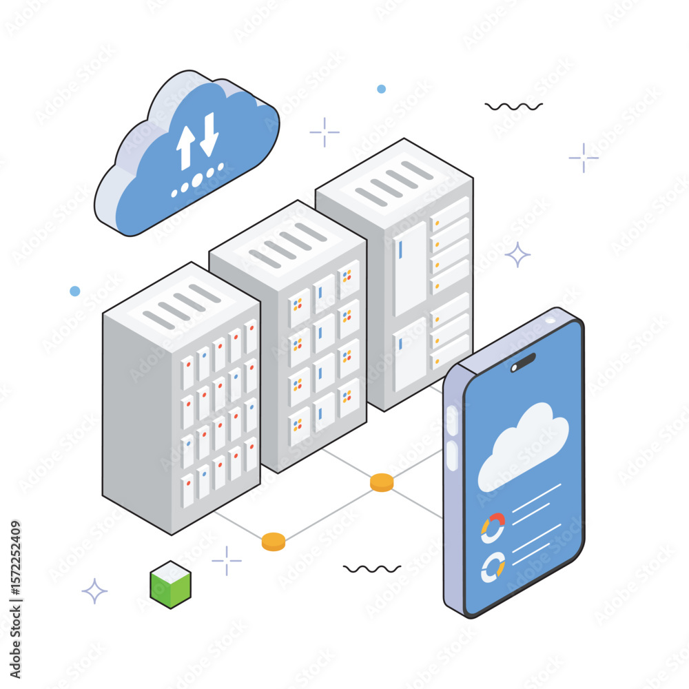 Poster cloud team management with data centers vector isometric illustration. eps 10 file