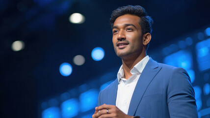 young indian businessman giving speech on the stage