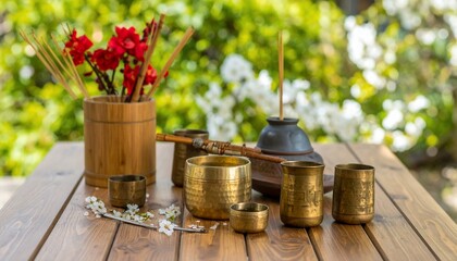 Serene Tea Ceremony: Brass Cups and Bamboo on Wooden Table