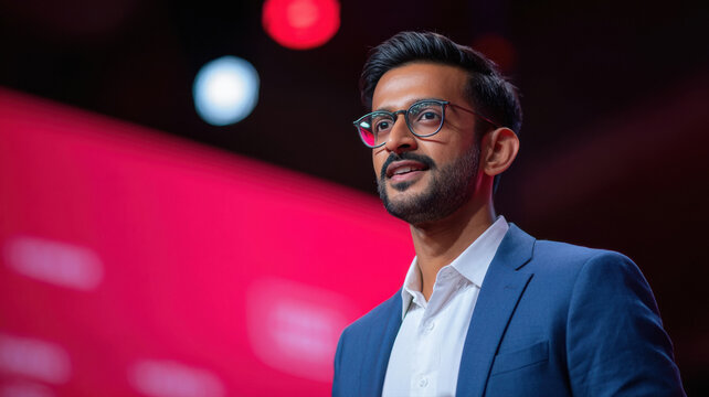 young indian businessman giving speech on the stage