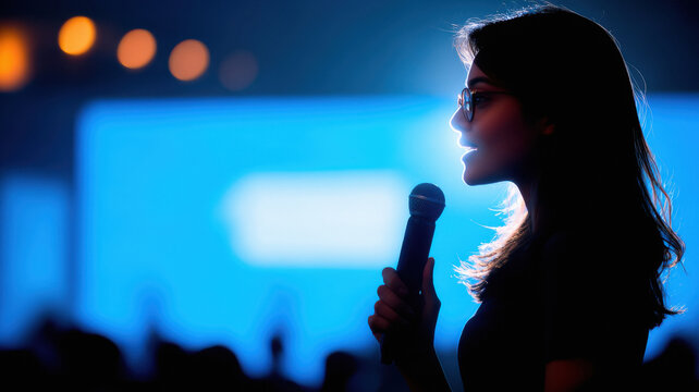 young indian business woman giving speech on the stage