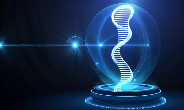 Abstract blue digital DNA and futuristic hologram on a dark background for technology, science, or medical concept design 