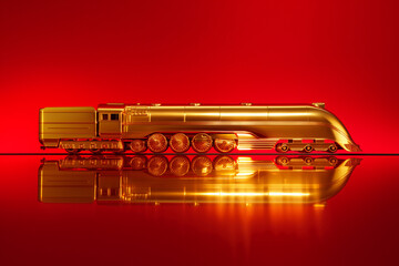 Shiny golden model train against a vibrant red background illuminated for artistic effect. Generative AI