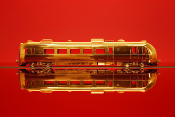 Shiny golden model train against a vibrant red background illuminated for artistic effect. Generative AI