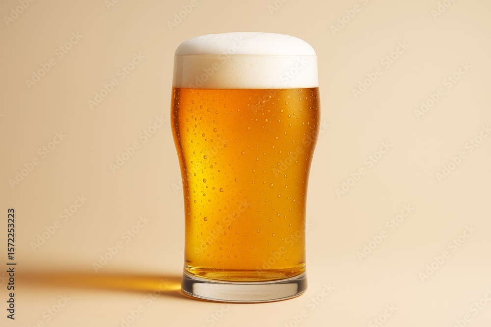 Aufkleber Cold beer glass with foam head on light beige background for drink mockup or branding template with copyspace and minimal clean design concept.