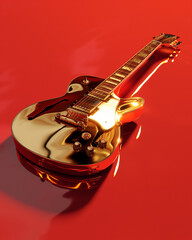 Golden electric guitar displays intricate design on a vibrant red background, illuminating the craftsmanship of music instruments. Generative AI