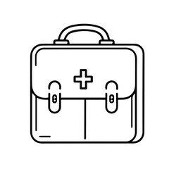 Medical first aid kit briefcase in a black and white outline illustration. Simple, practical, and ready to be used by a medical professional.