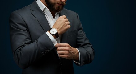 Man in dark suit adjusts white shirt cuff revealing watch on wrist against a dark blue background