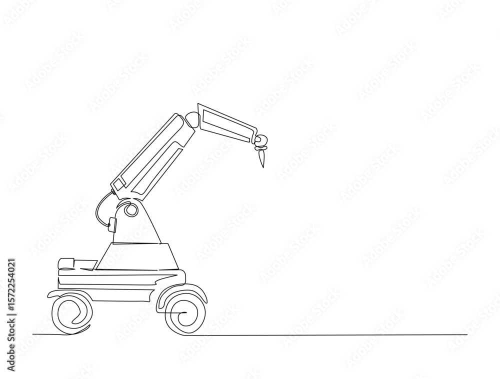 Poster continuous one line drawing of robot arm machine for industry. robotic arm technology outline illust