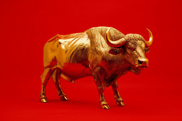 Golden buffalo isolated on red background. Generative AI