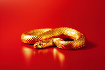 Close up of a golden snake on red. Generative AI