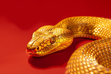 Close up of a golden snake on red. Generative AI