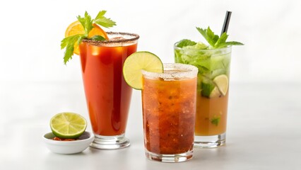 Fototapeta premium A refreshing glass of red juice, like a healthy tomato or strawberry cocktail, isolated on white