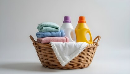 Fresh Towels and Detergent Bottles Neatly Arranged in Laundry Basket