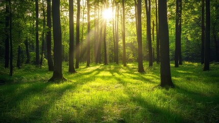 Obraz premium Deep forest with a sunny glade, green grass, and tree trunks, vector illustration