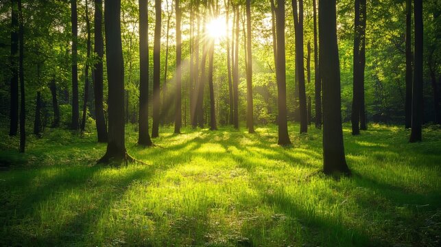 Deep forest with a sunny glade, green grass, and tree trunks, vector illustration