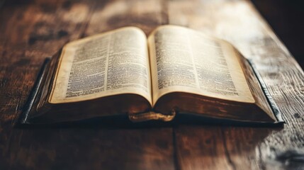 An open Bible on a wooden table with a soft, warm glow from the background.