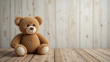 Cute Brown Teddy Bear Sitting on Wooden Background with Copy Space