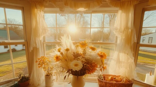Golden Hour Window View: Cozy Farmhouse Flowers