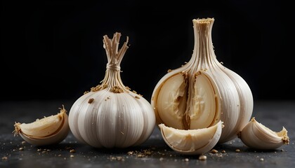 Whole Garlic Bulb Displayed Dramatically Against a Clean Black Background