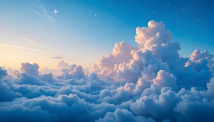 Dreamy Abstract Background with Blue Sky, Clouds, and Starry Elements