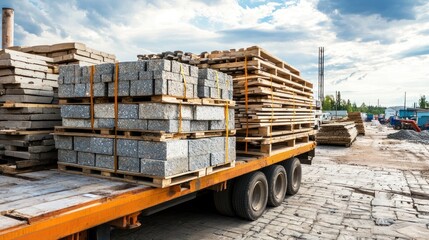 A large, orange flatbed truck loaded with wooden pallets and concrete blocks, parked in a construction yard with a blue sky and green trees in the background.