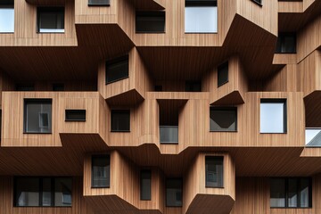 Abstract wooden facade with many overlapping, irregular panels and windows