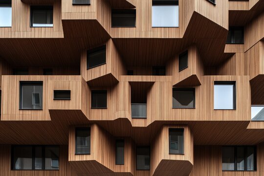 Fototapeta Abstract wooden facade with many overlapping, irregular panels and windows