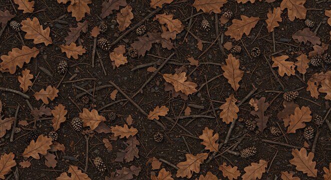 Overhead view of forest floor with fallen brown oak leaves pine cones sticks and dark soil