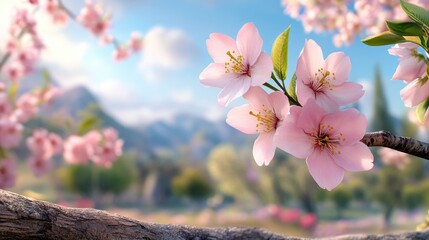 Cherry blossom branches with pale pink petals in full bloom, creating a soft pink carpet on the ground, glowing in spring sunlight against a blue sky.
