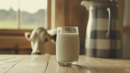 Bottle and glass of fresh milk on a light wooden surface.