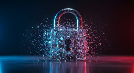 A crystal padlock fractures into pixels under a quantum halo.