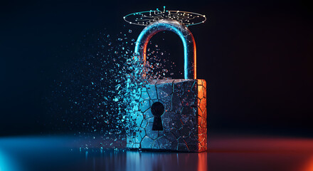 A crystal padlock fractures into pixels under a quantum halo.