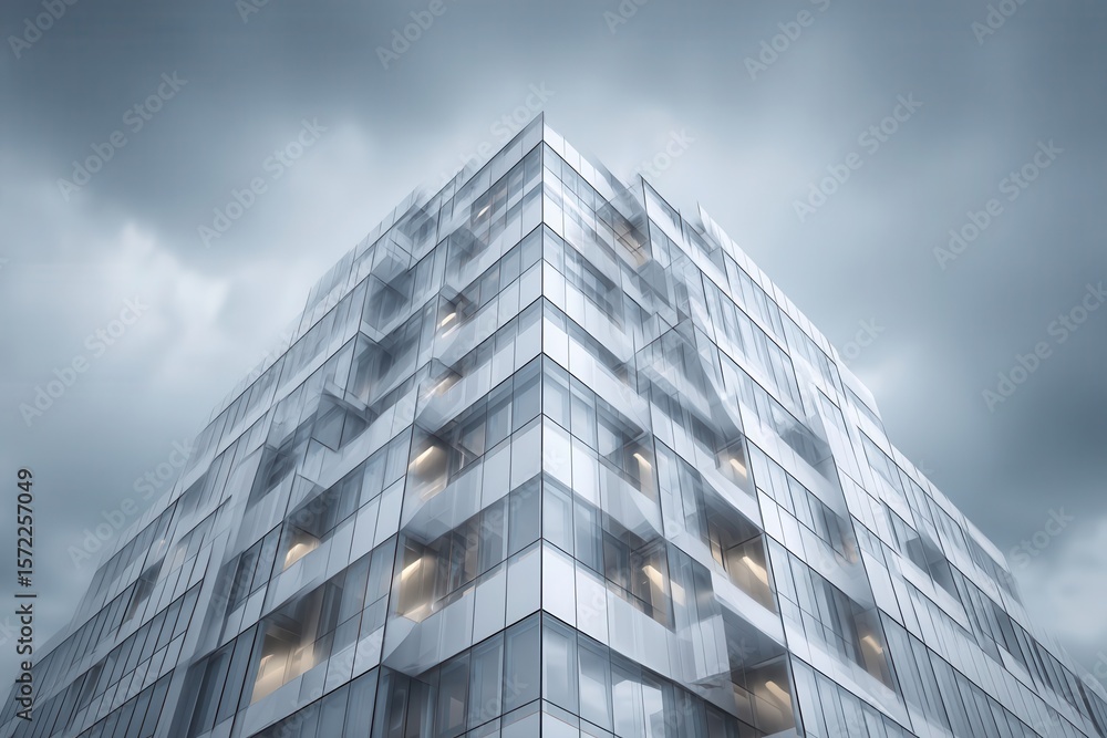 Aufkleber low angle view of a modern, angular skyscraper against a cloudy sky.